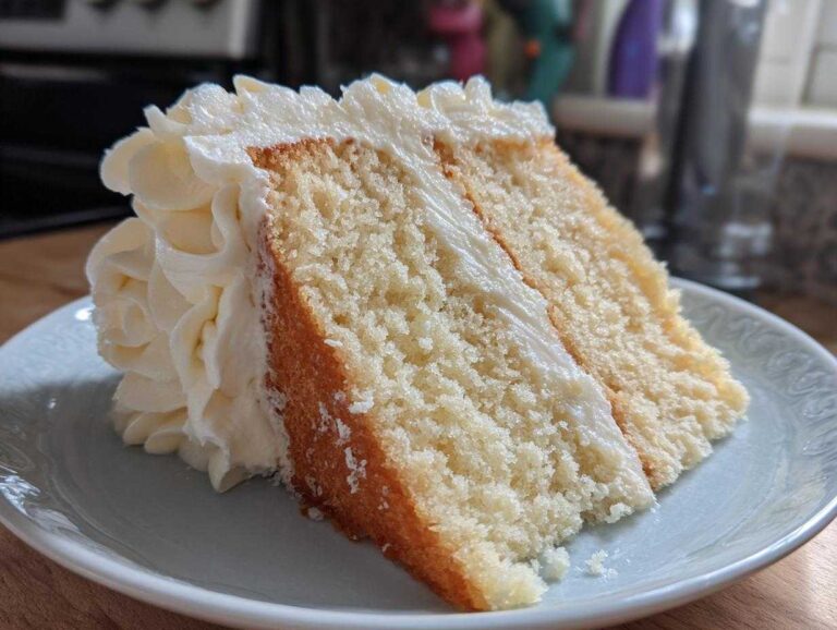 Close-up of a moist slice of vanilla cake recipe layered with thick white buttercream frosting.