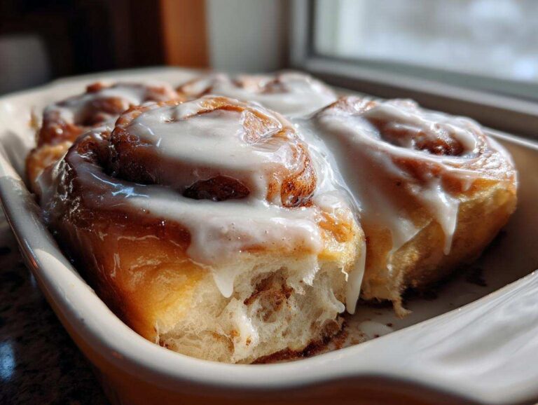 Close-up of freshly baked, soft cinnamon roll covered in thick white icing, sitting in a baking dish.