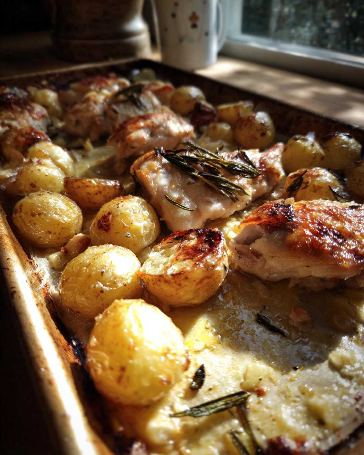 Close-up of golden brown garlic parmesan chicken and potatoes roasting together on a sheet pan.