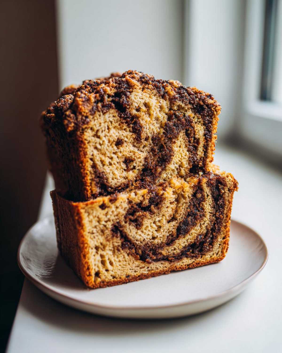 Two slices of moist raisin bread stacked, showing a beautiful cinnamon swirl pattern inside.