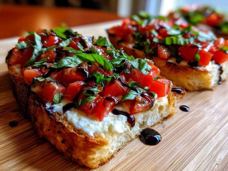 Close-up of toasted bread topped with cheese, diced tomatoes, basil, and balsamic glaze, resembling a bruschetta dip serving.