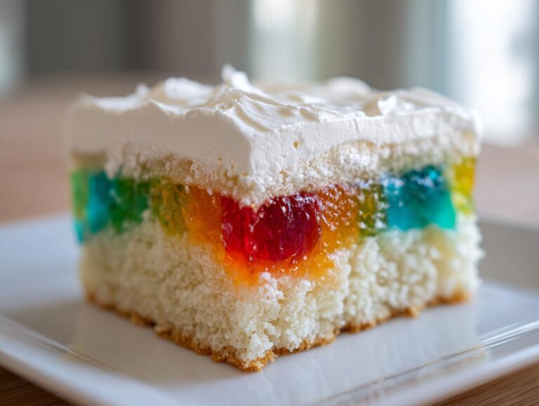 Close-up of a moist slice of 3-color jello poke cake showing colorful gelatin pockets and white whipped topping.