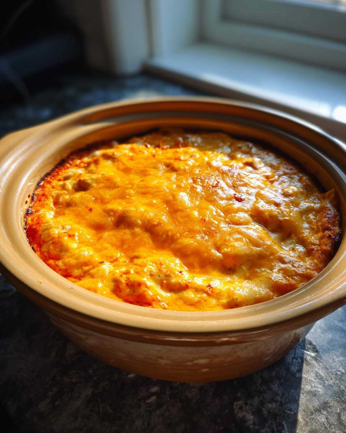 Close-up of a bubbling, golden-orange chili cheese dip baked in a ceramic crock pot.