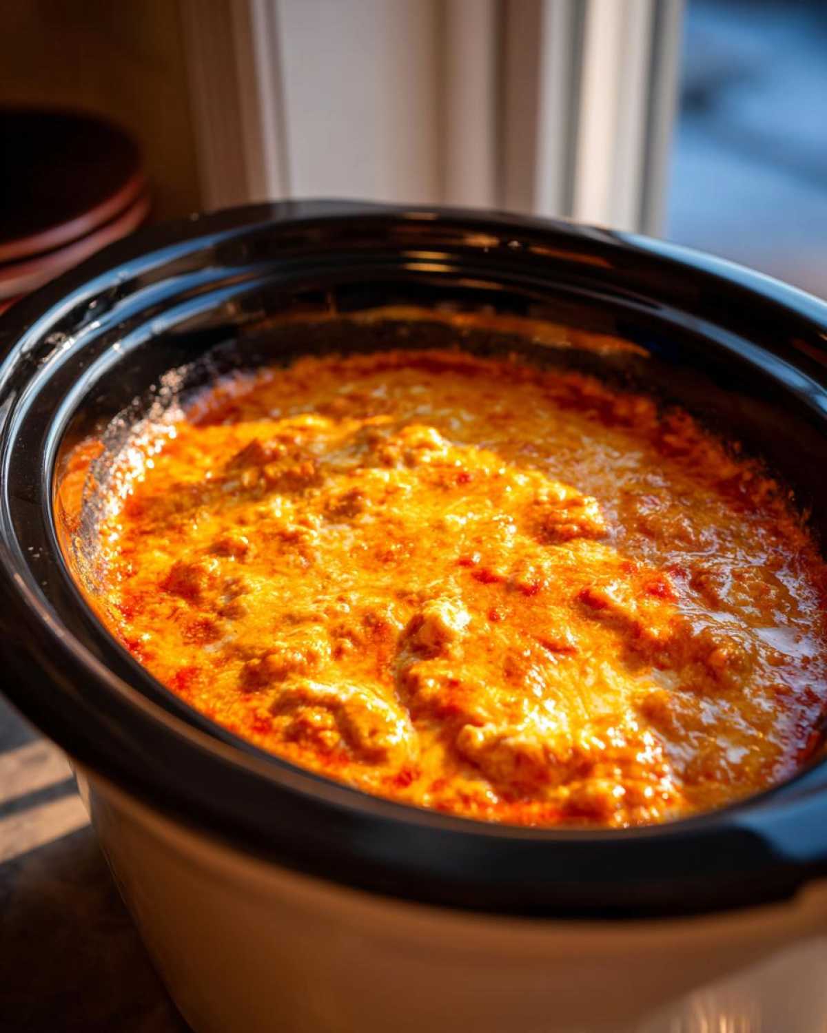 Close-up of bubbling, melted orange chili cheese dip served hot in a small white and black slow cooker.