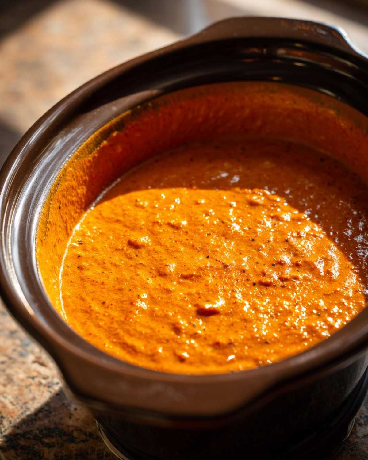Close-up of smooth, bright orange chili cheese dip warming in a dark brown ceramic slow cooker insert.