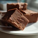 Close-up of rich, smooth chocolate fudge squares resting on a white plate, highlighting the texture of the fudge.
