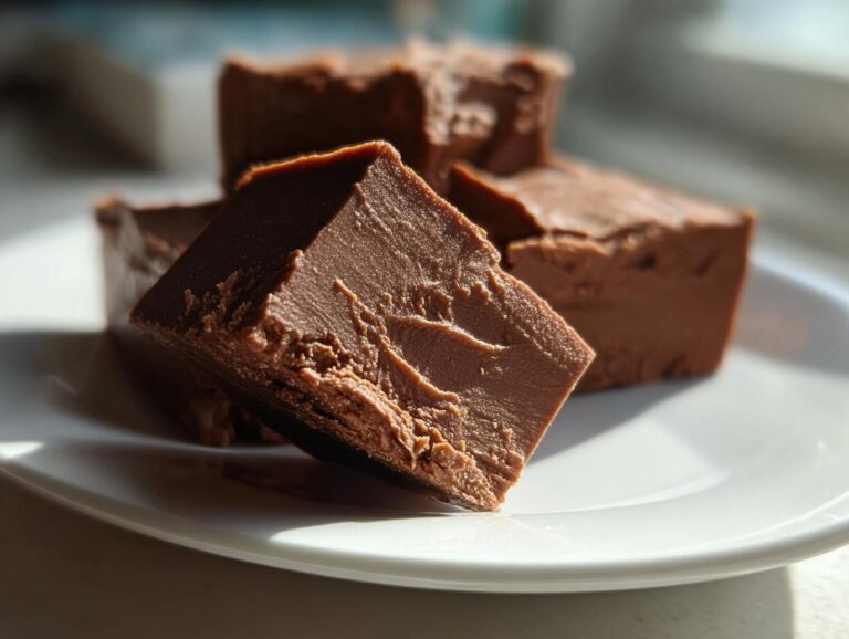 Close-up of rich, smooth chocolate fudge squares resting on a white plate, highlighting the texture of the fudge.