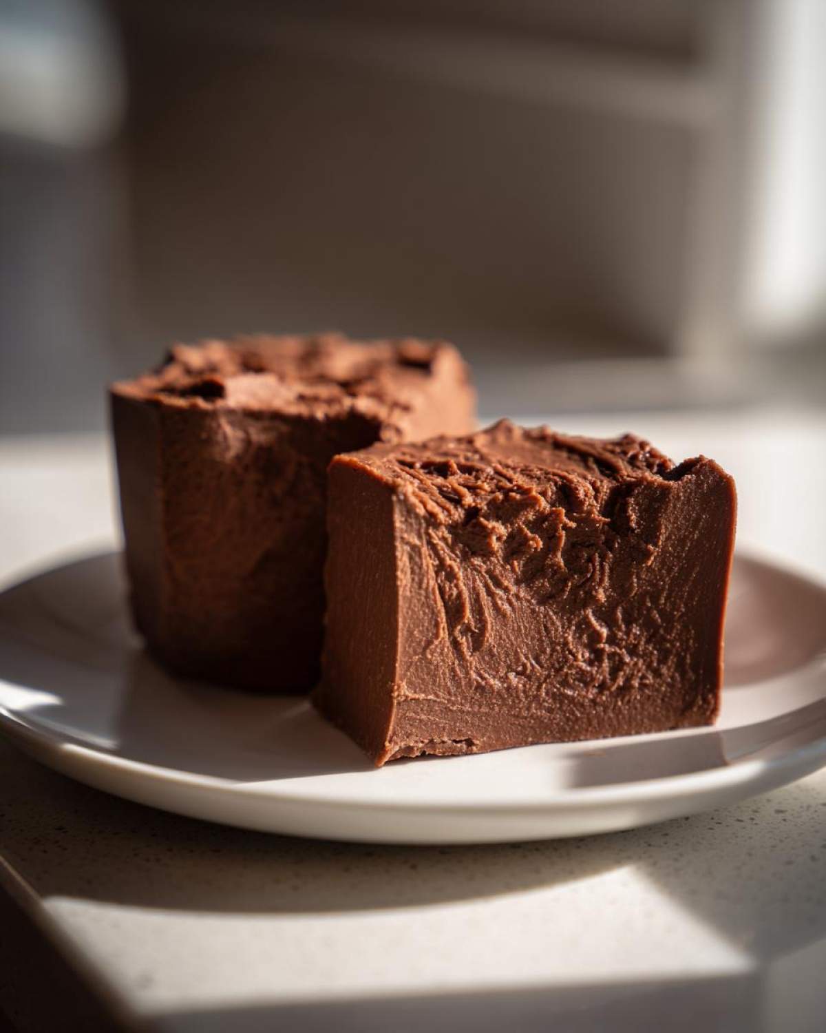 Two thick squares of rich, dark chocolate fudge sitting on a white plate, showing a creamy texture.
