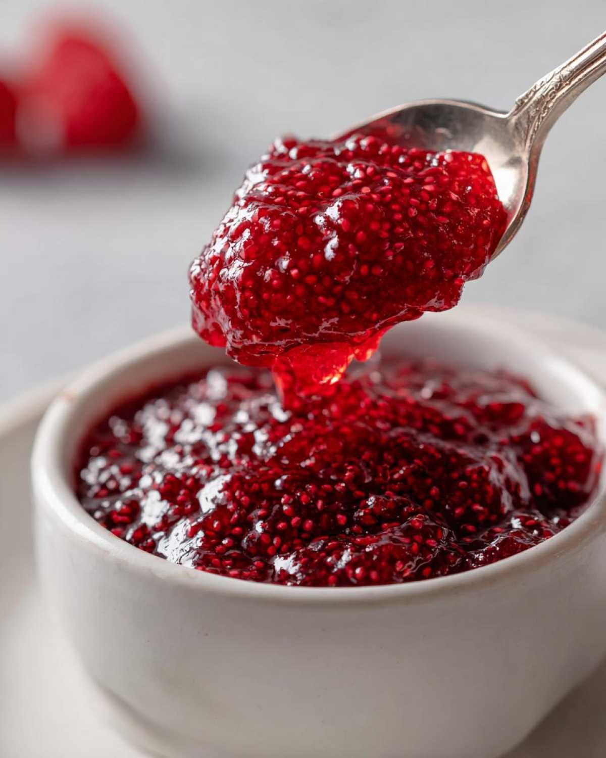 A spoonful of thick, vibrant red raspberry jam, full of seeds, dripping back into a white bowl.