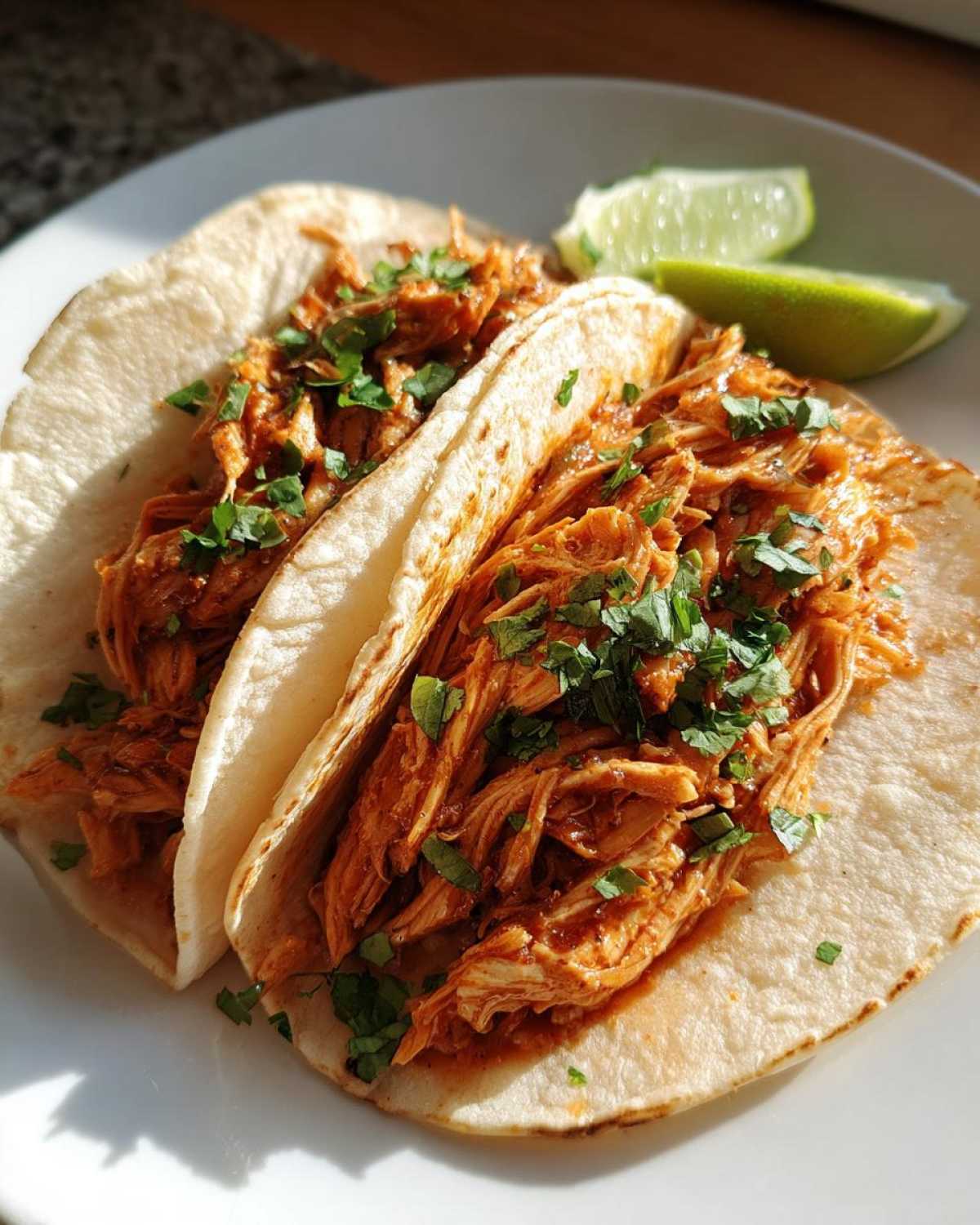 Close-up of two soft tortilla chicken tacos filled with shredded, saucy meat and topped with fresh cilantro, served with lime wedges.