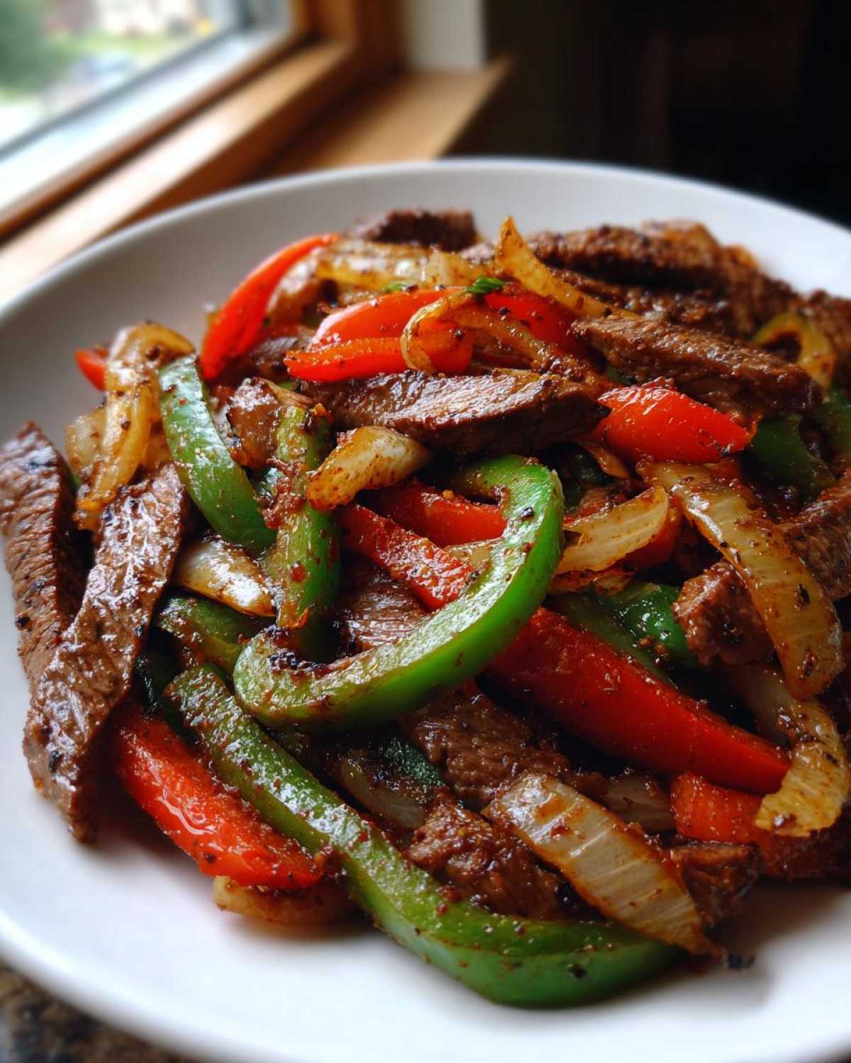 A close-up of freshly cooked steak fajitas featuring seasoned strips of beef mixed with vibrant green and red bell peppers and caramelized onions.