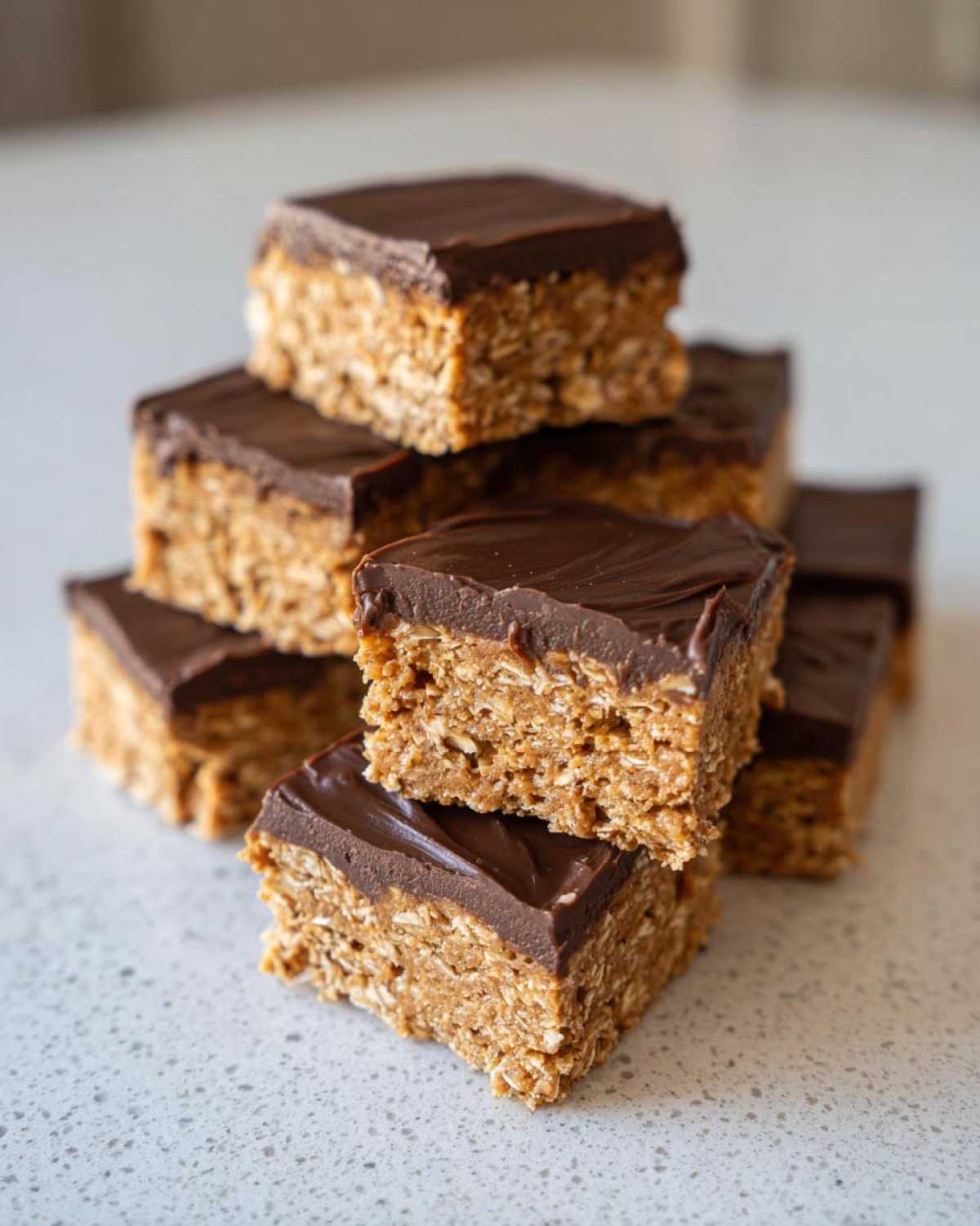 A stack of homemade, no-bake protein bars with a thick peanut butter base and rich chocolate topping.