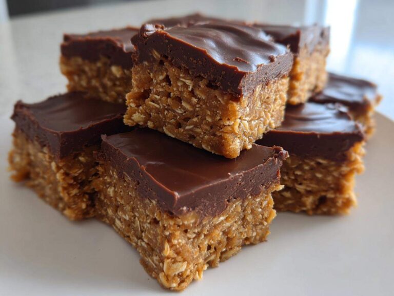 Stack of delicious, chewy homemade protein bars topped with a thick layer of melted chocolate.
