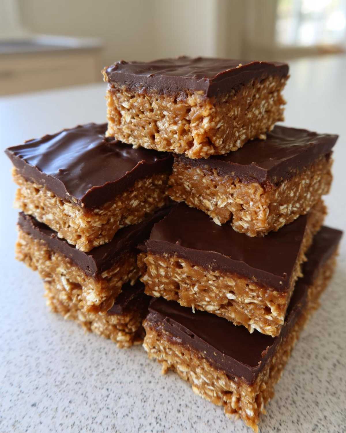 A stack of homemade protein bars featuring an oat base and a thick layer of melted chocolate on top.
