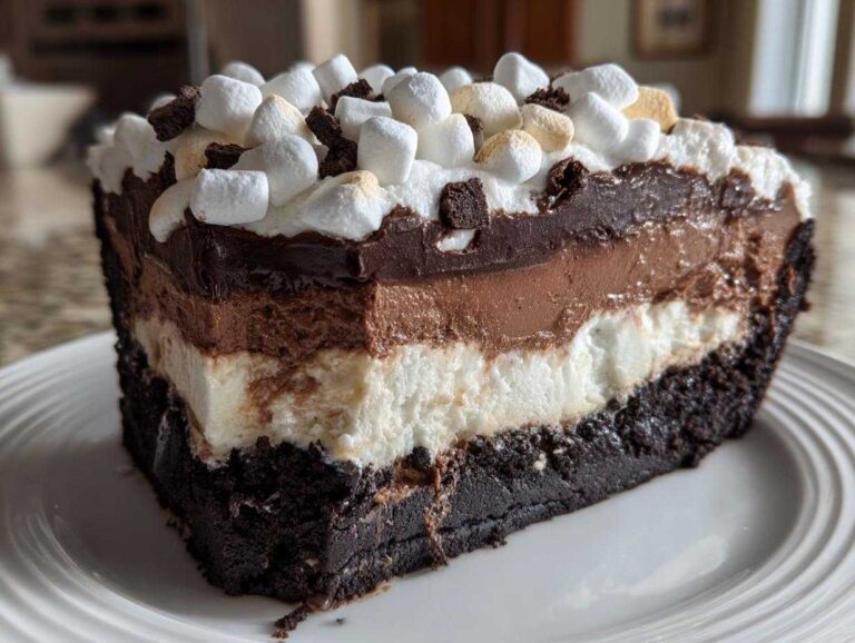 A thick slice of 5-layer mud pie showing distinct layers of dark crust, white filling, chocolate mousse, and topped with whipped cream and marshmallows.