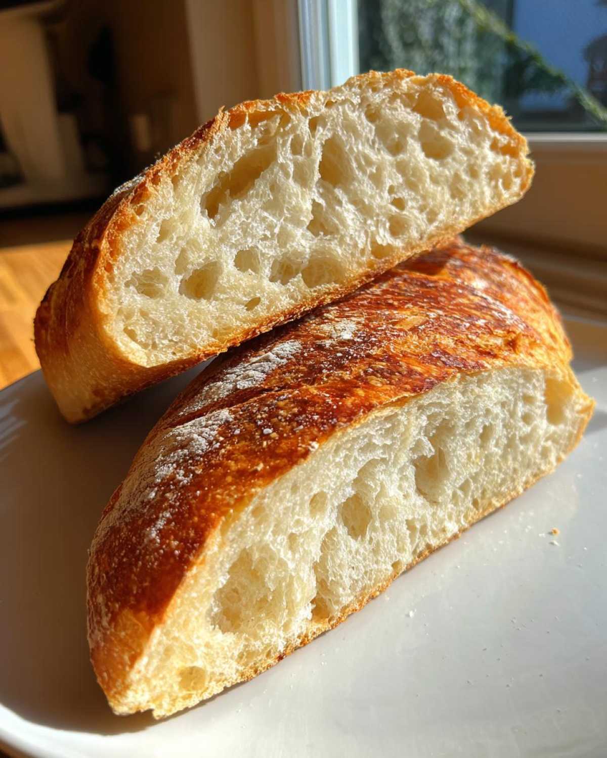 Close-up of a freshly baked french bread loaf cut in half, showing the airy, open crumb structure and golden crust.