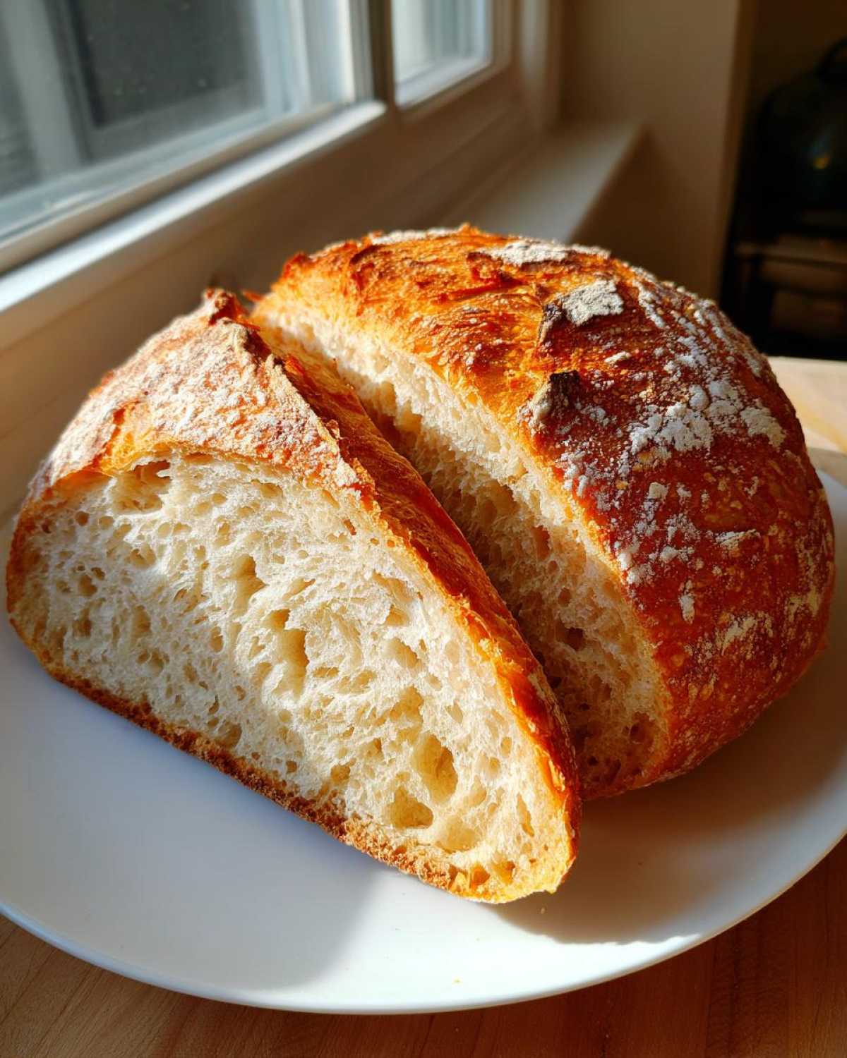 A round loaf of golden-crusted french bread, sliced open to show the airy interior crumb.