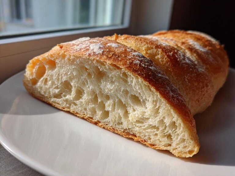 Close-up of a freshly baked french bread loaf, sliced to show the open, airy interior crumb and golden crust.