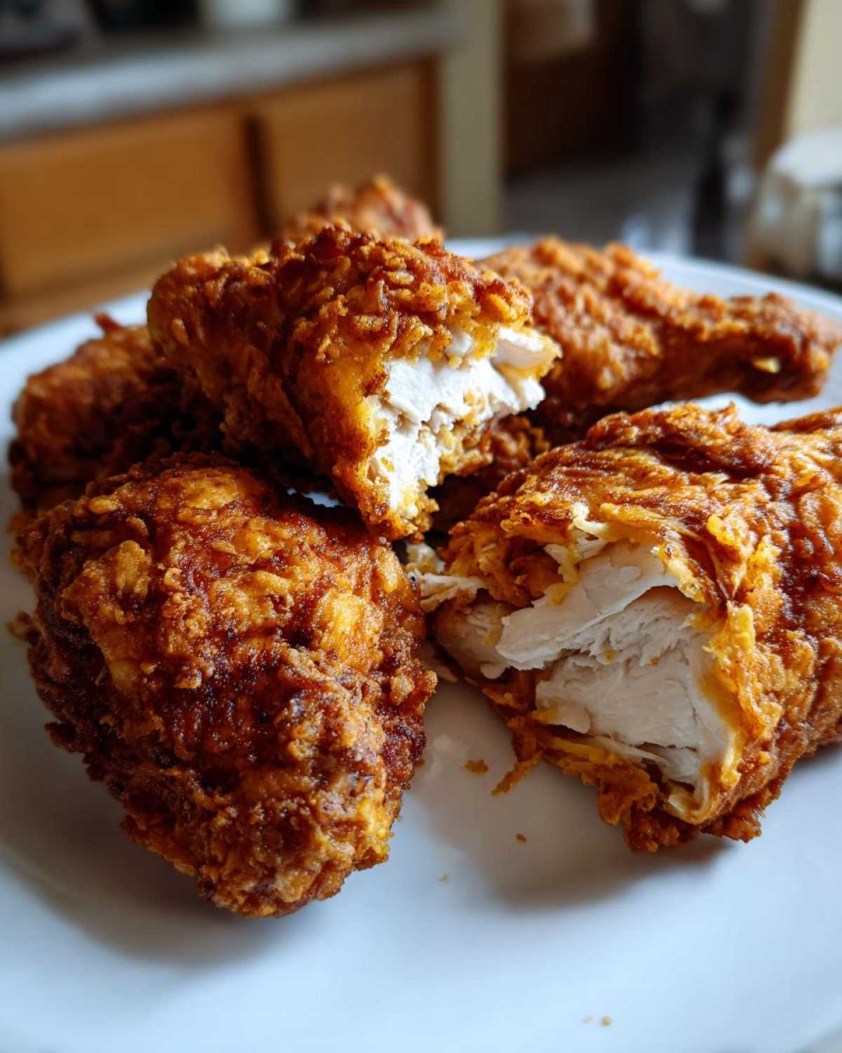 Close-up of crispy, golden-brown air fryer fried chicken pieces, one broken open showing moist white meat inside.