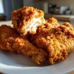 Close-up of crispy, golden-brown air fryer fried chicken pieces piled on a white plate, one piece broken open.