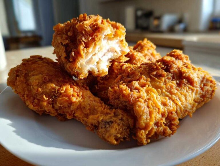 Close-up of crispy, golden-brown air fryer fried chicken pieces piled on a white plate, one piece broken open.