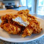 Close-up of golden, crispy Air Fryer Fried Chicken pieces; one piece is cut open showing the white, juicy interior.
