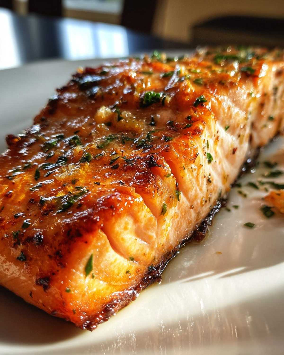 Close-up of a beautifully caramelized and flaky air fryer salmon fillet topped with herbs.