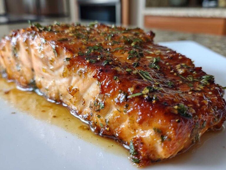 A close-up of a perfectly cooked, glazed salmon fillet topped with fresh herbs resting in its juices.
