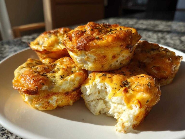 A stack of golden brown, fluffy egg bites, one with a bite taken out showing the white interior.