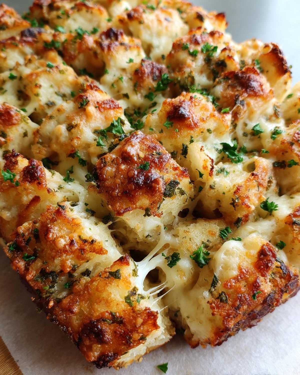 Close-up of baked cheese bread with gooey melted cheese stretching between pieces, topped with herbs.