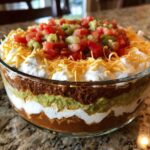 Close-up of a beautiful 7 layer dip showing distinct layers of bean dip, guacamole, sour cream, cheese, and salsa.
