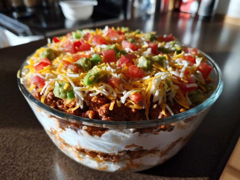 A vibrant, tall 7 layer dip served in a clear glass bowl, topped with shredded cheese, tomatoes, and guacamole.