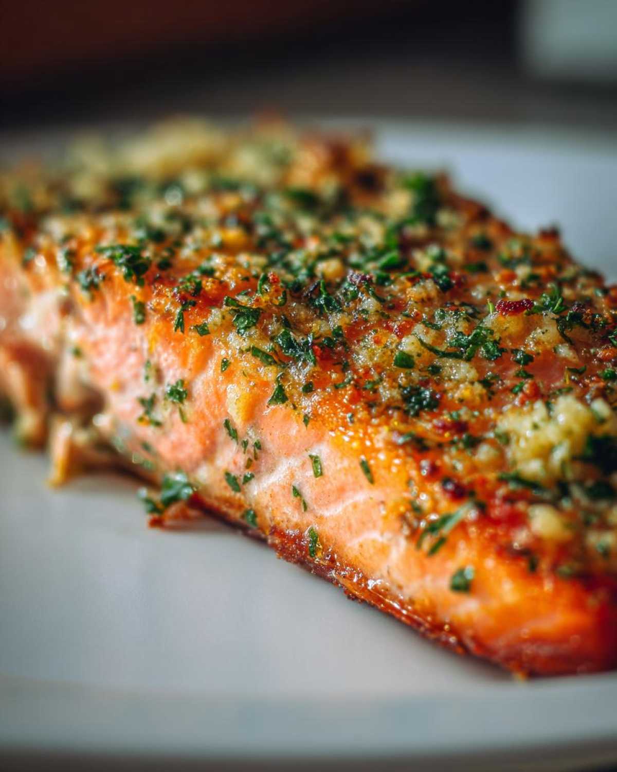 Close-up of a beautifully cooked piece of air fryer salmon topped with garlic and fresh parsley.