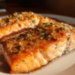 Two glistening, glazed fillets of air fryer salmon topped with herbs and garlic resting on a white plate.