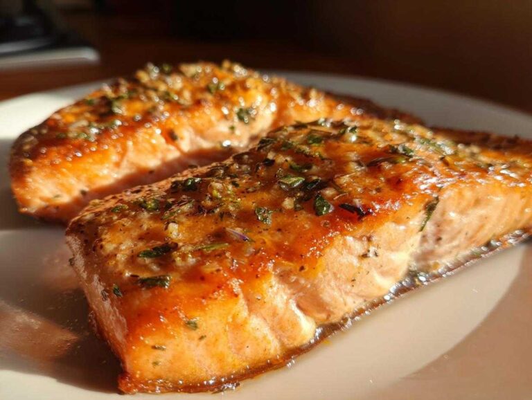Two glistening, glazed fillets of air fryer salmon topped with herbs and garlic resting on a white plate.