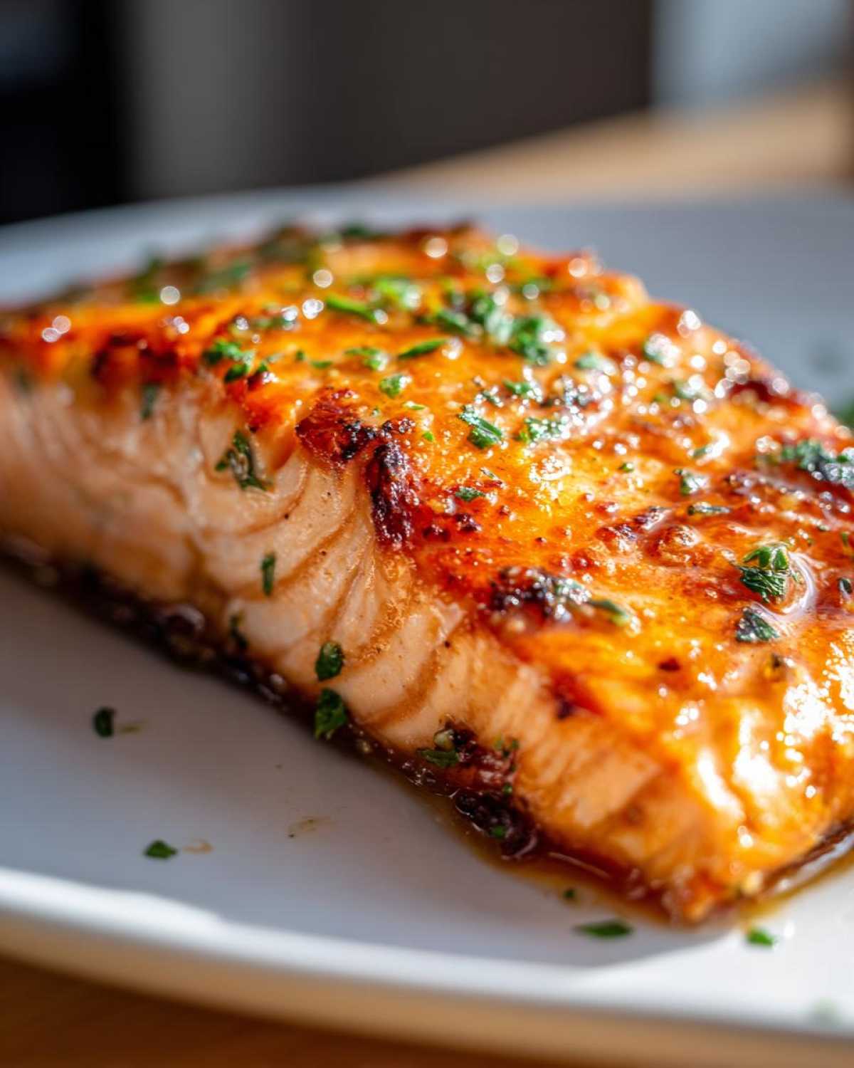 Close-up of a beautifully glazed and cooked air fryer salmon fillet garnished with fresh chopped parsley.