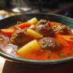 Close-up of a steaming bowl of rich, red albondigas soup featuring meatballs, carrots, and potatoes.