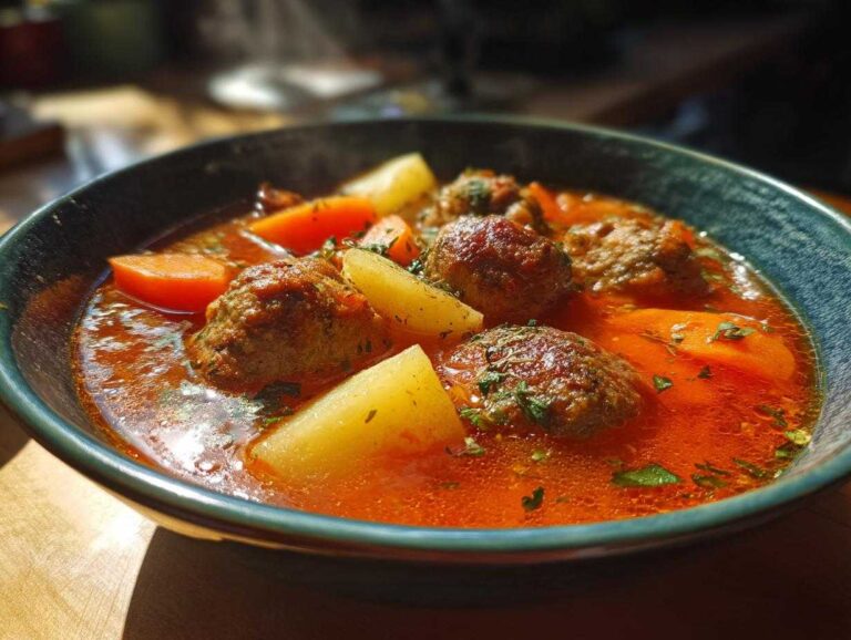 Close-up of a steaming bowl of rich, red albondigas soup featuring meatballs, carrots, and potatoes.