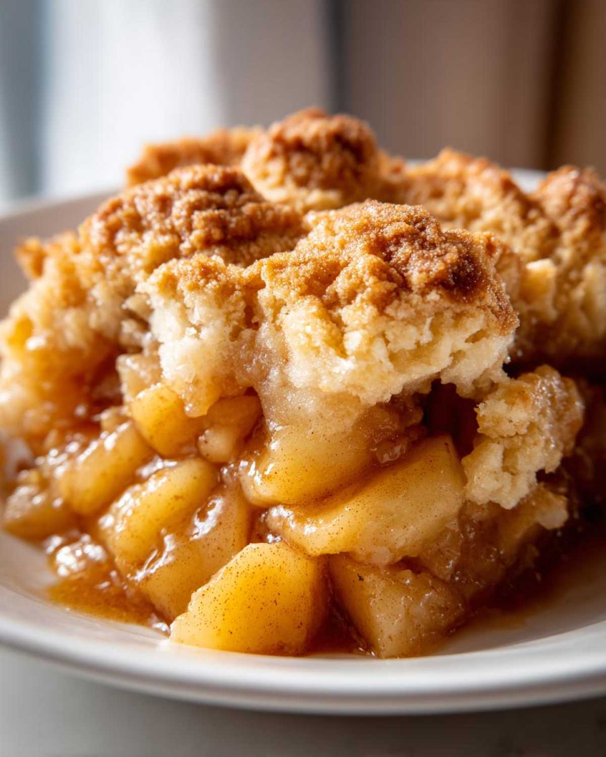 A close-up of a serving of amazing apple cobbler recipe, showing soft, cinnamon-spiced apples under a crumbly, golden topping.