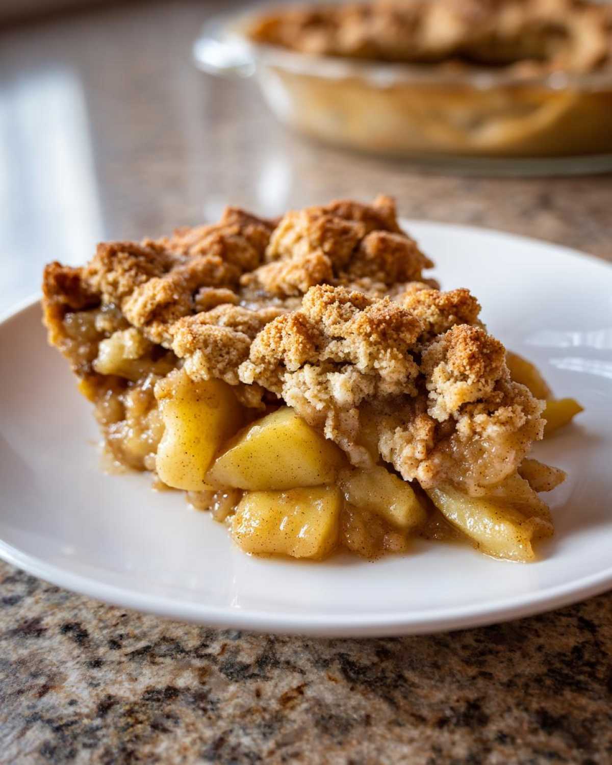 Close-up of a generous slice of apple cobbler recipe showing tender, spiced apples under a thick, crunchy brown sugar crumble topping.