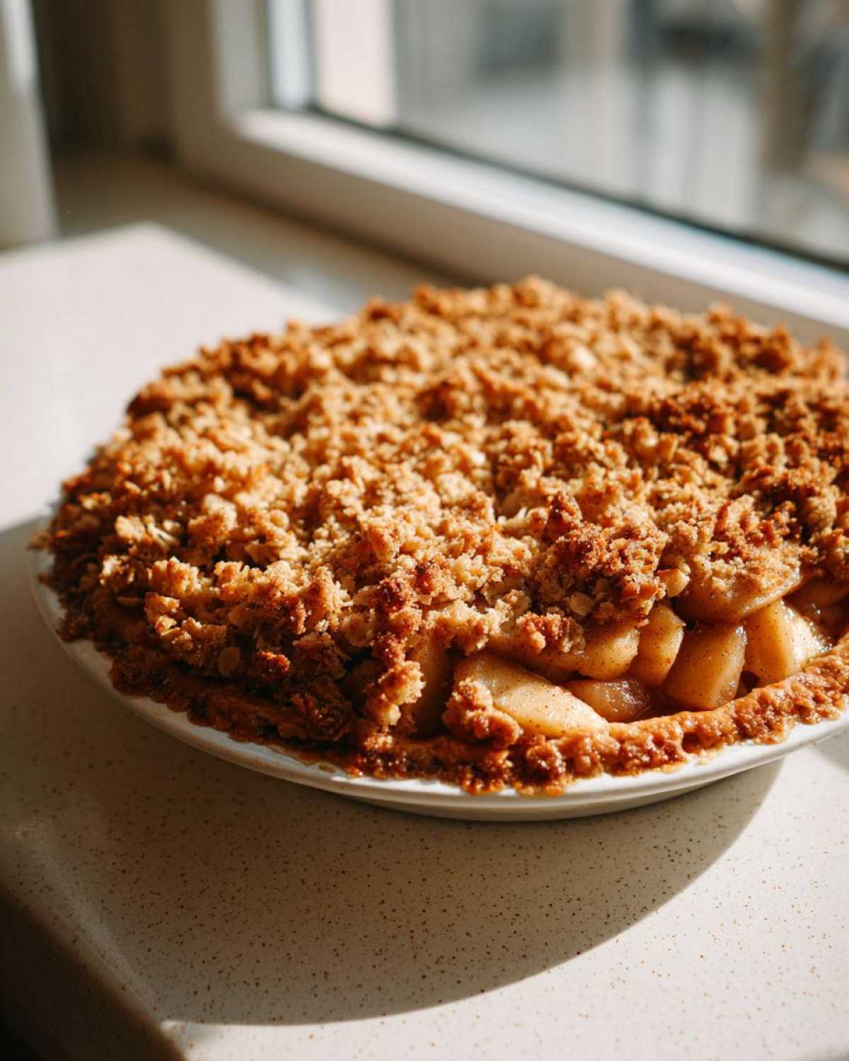 A freshly baked apple crisp recipe with a thick, golden brown oat topping, sitting on a white counter near a window.