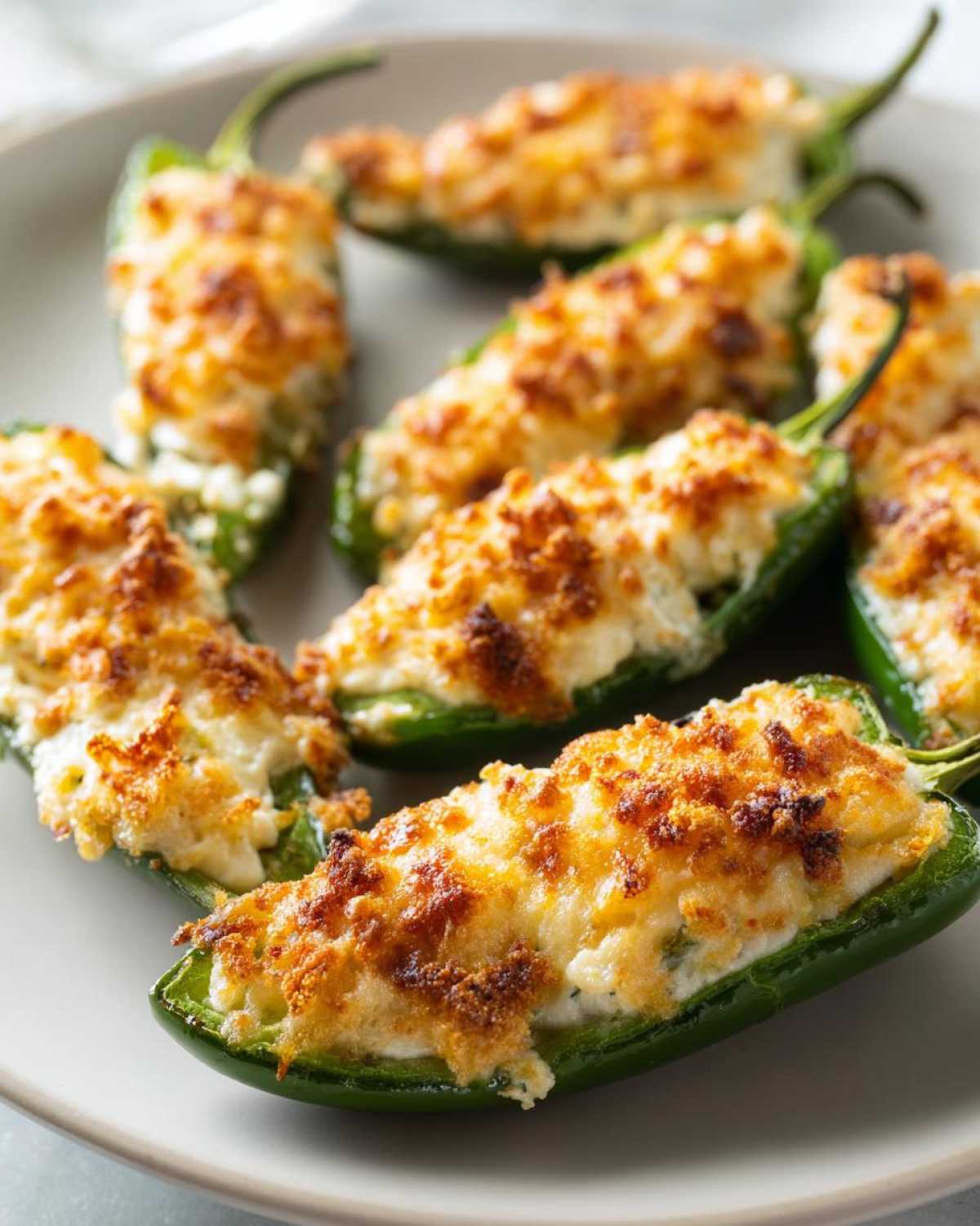 Close-up of baked jalapeño poppers stuffed with creamy filling and topped with golden brown breadcrumbs.