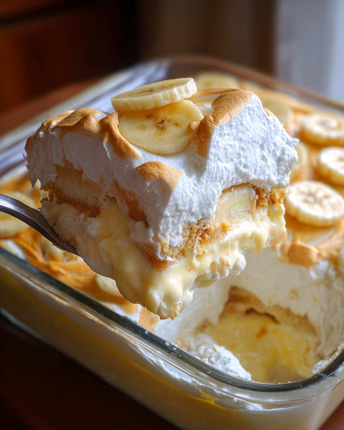 A spoonful of creamy banana pudding with layers of vanilla wafers, custard, and toasted meringue topping.