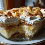 A serving dish of layered banana pudding showing vanilla wafers, creamy filling, and toasted meringue topping.