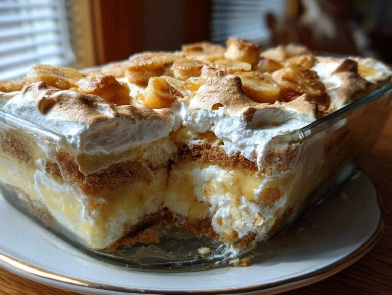 A serving dish of layered banana pudding showing vanilla wafers, creamy filling, and toasted meringue topping.