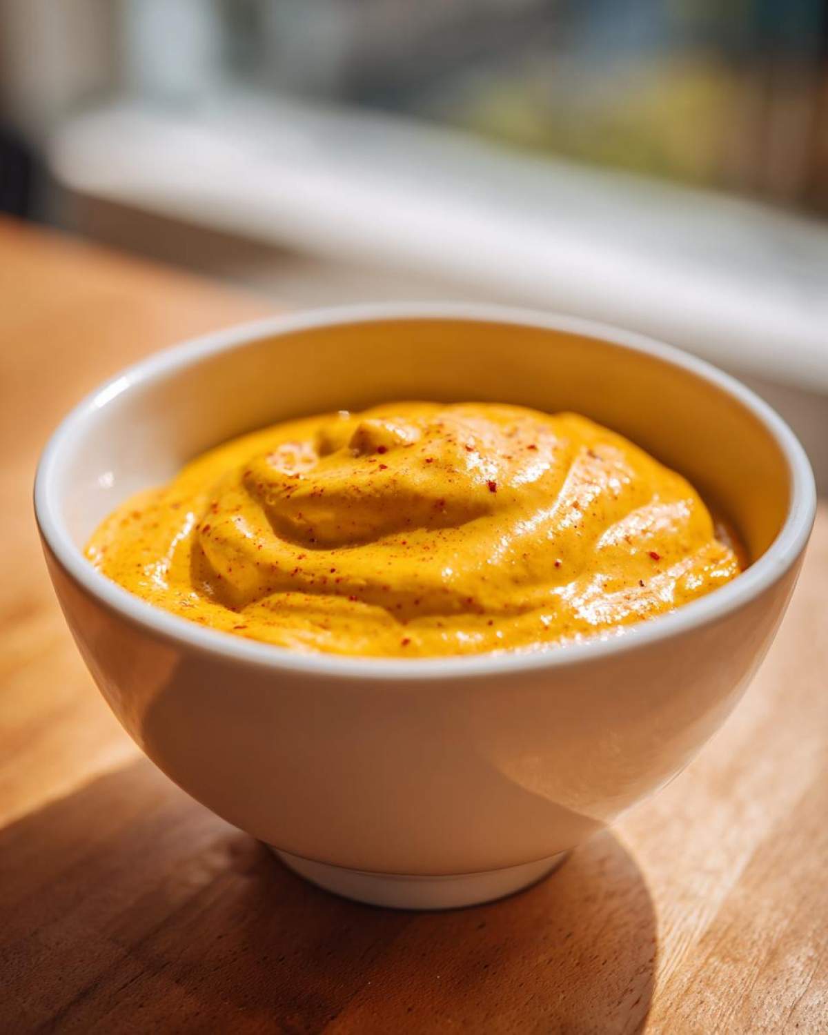 Close-up of a white bowl filled with thick, bright yellow beer cheese dip, sprinkled with paprika.