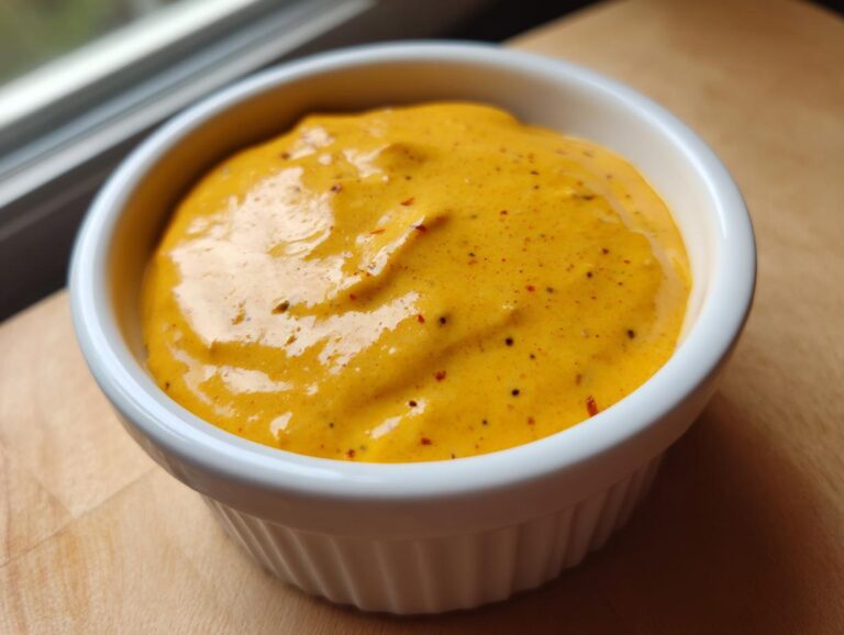 Close-up of a thick, vibrant orange beer cheese dip speckled with spices, served in a white ramekin.