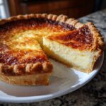 A close-up of an amazing buttermilk pie with a slice cut out, showing the creamy filling and browned top.
