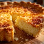 Close-up of a slice of creamy buttermilk pie with a beautifully browned top, resting on a wooden board.