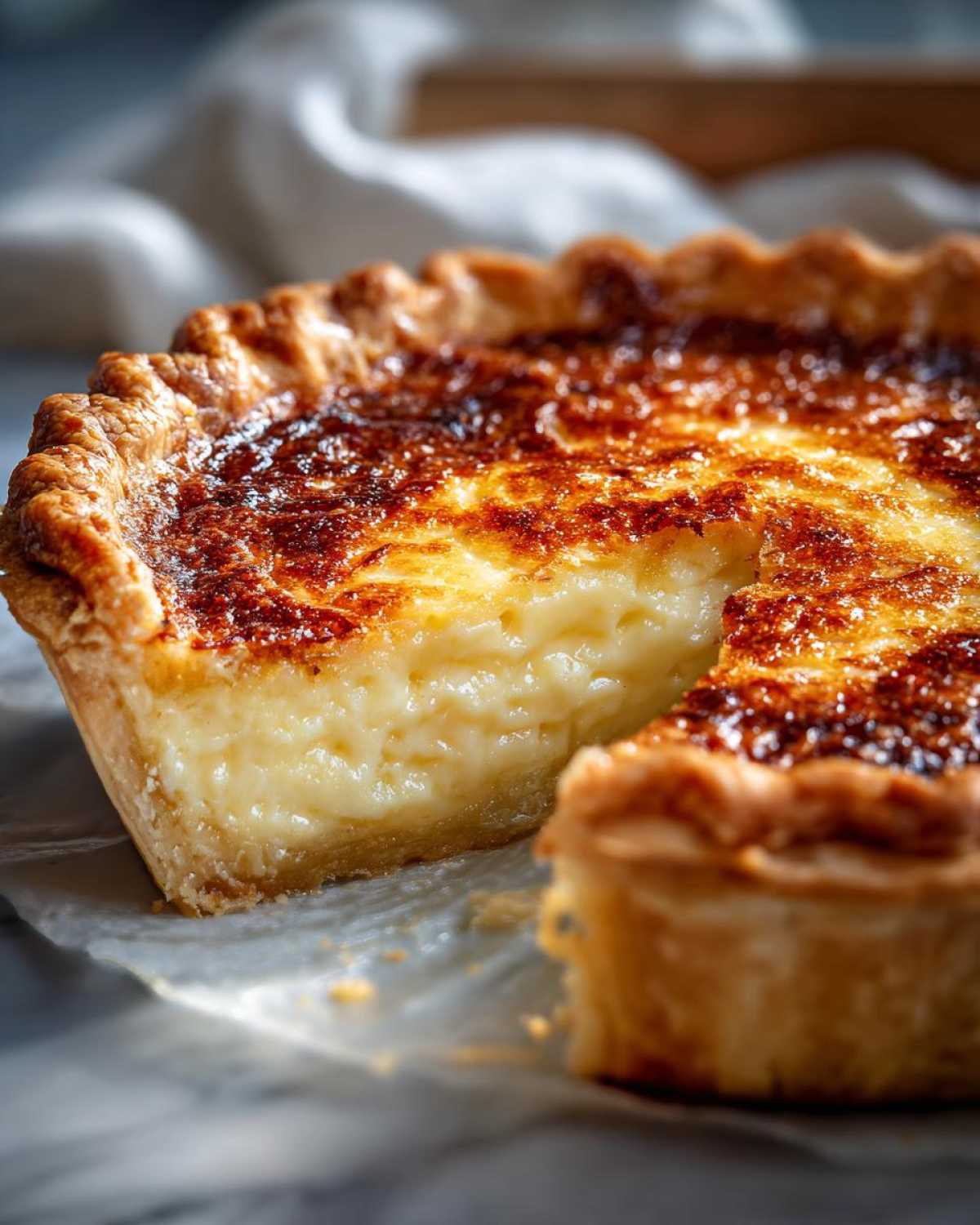 Close-up of a slice of buttermilk pie showing the creamy yellow filling and deeply caramelized, browned top crust.